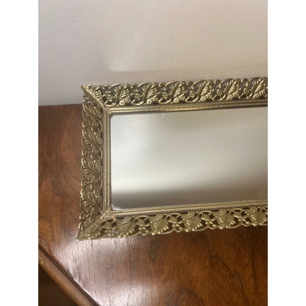 Vintage Mirror Vanity Tray Gold Filigree Metal Ornate Rectangular 16